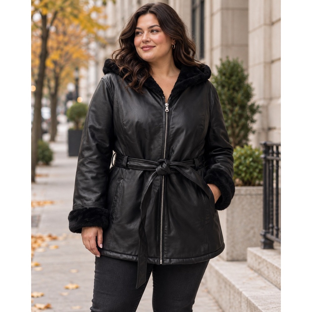 Wilsons Leather Black Hooded Faux Fur Trim Belted Coat Plus Size 1X